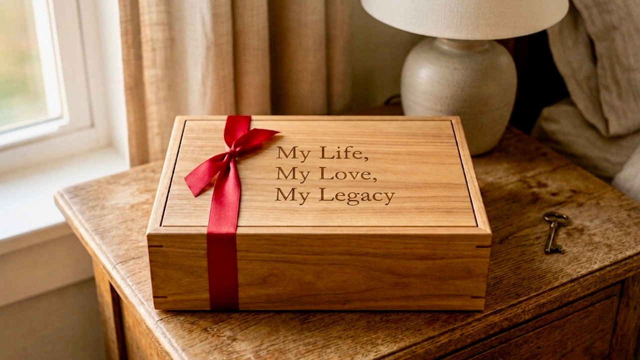 A wooden box engraved with "My Life, My Love, My Legacy," tied with a red ribbon, symbolizing a life story left behind to be discovered.