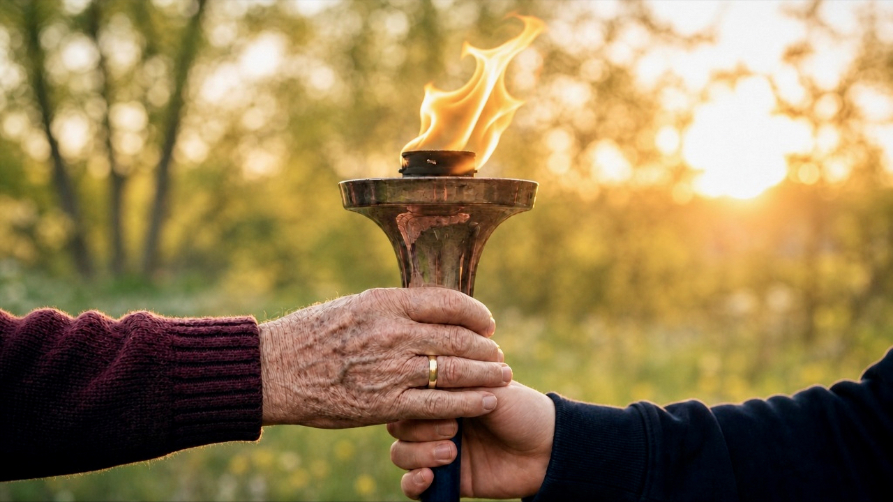 An elderly hand passing a lit torch to a younger hand outdoors at golden hour, symbolizing generational wisdom passed forward.