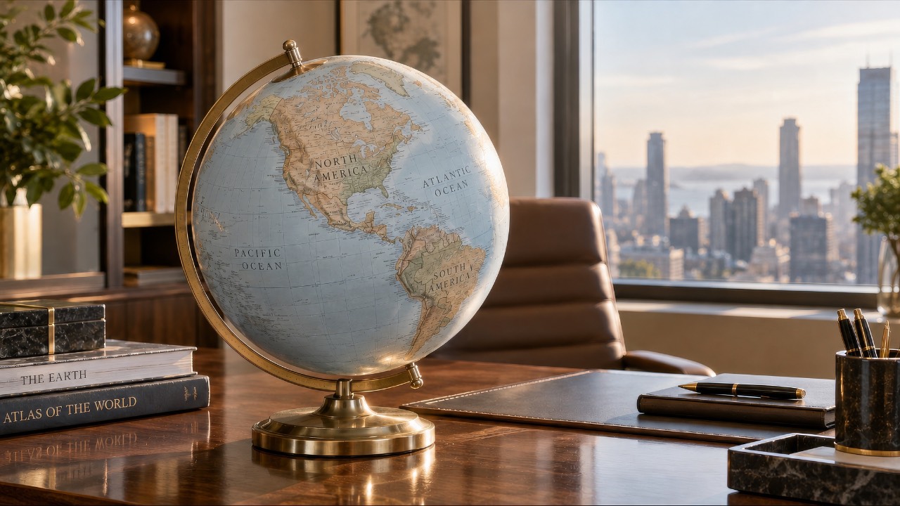 Antique-style globe showing North and South America on a brass stand, resting on a polished wooden desk beside an atlas in warm afternoon light.