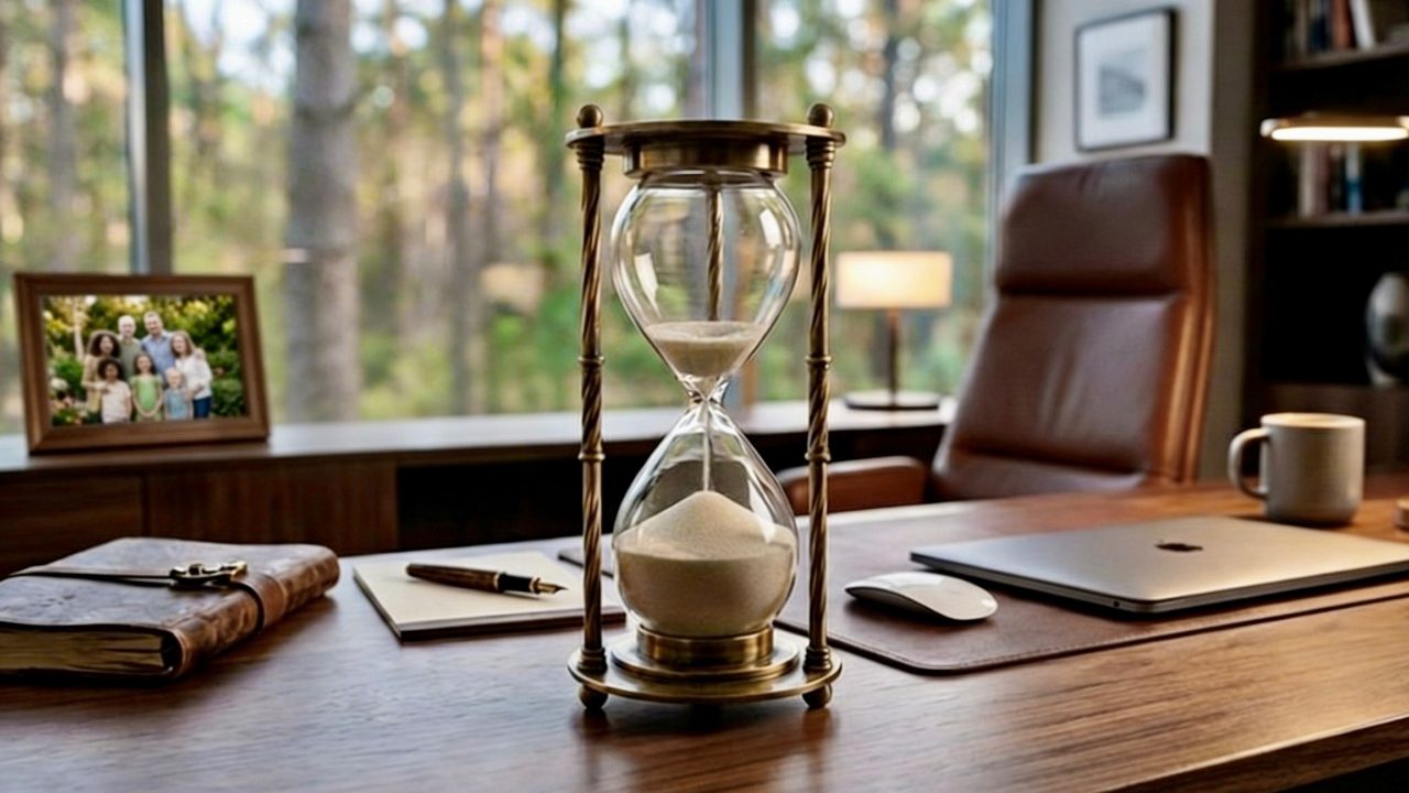 A brass hourglass on a wooden desk beside a leather journal, fountain pen, and family photograph, symbolizing mortality awareness, the passage of time, and the importance of preserving your life story and legacy.