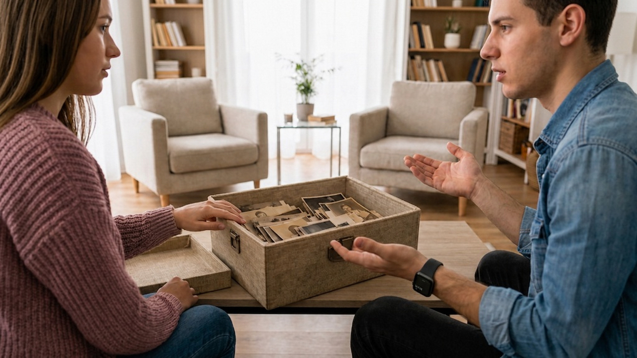 Two people sitting on the floor of a cozy living room looking through a box of old family photographs, the young man gesturing with open hands as if asking 'who are these people?