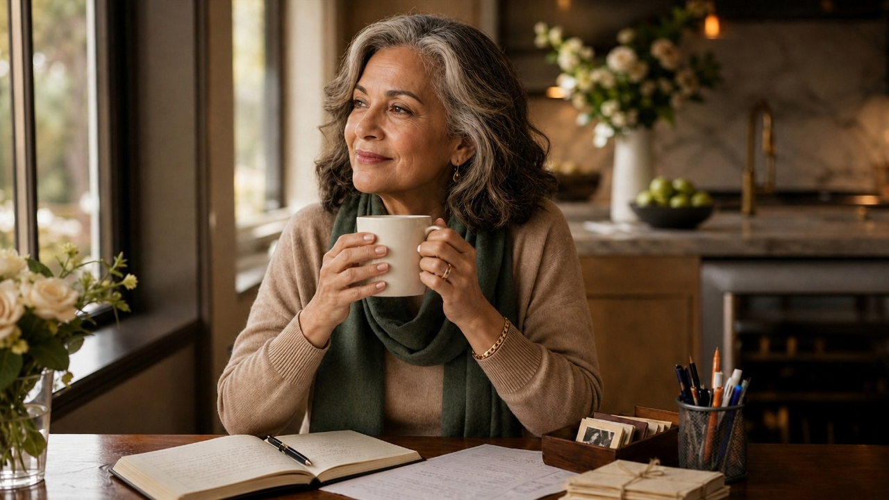 Woman smiling contemplatively at desk with open journal and handwritten life stories, holding a warm mug by a window