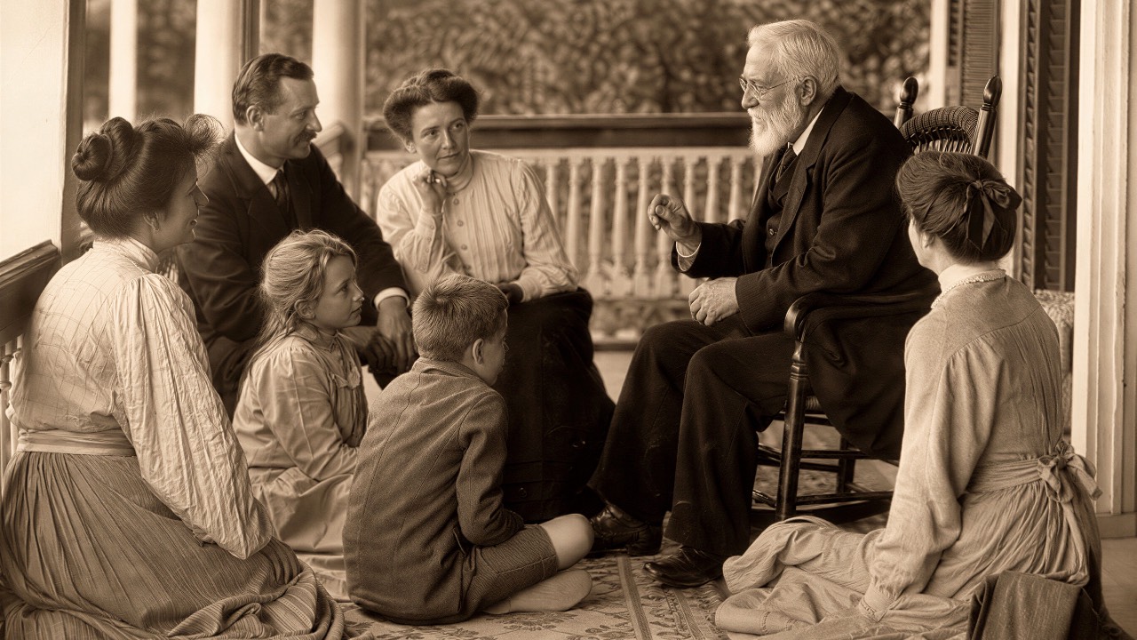 Sepia image of an elderly man in a rocking chair on a porch, passing down wisdom to adults and children gathered closely around him.