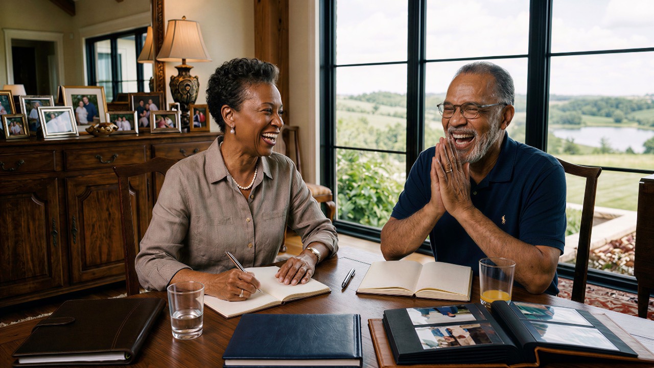 Laughing couple writing in journals at a table surrounded by family photo albums, capturing their Life Stories to pass down to loved ones.
