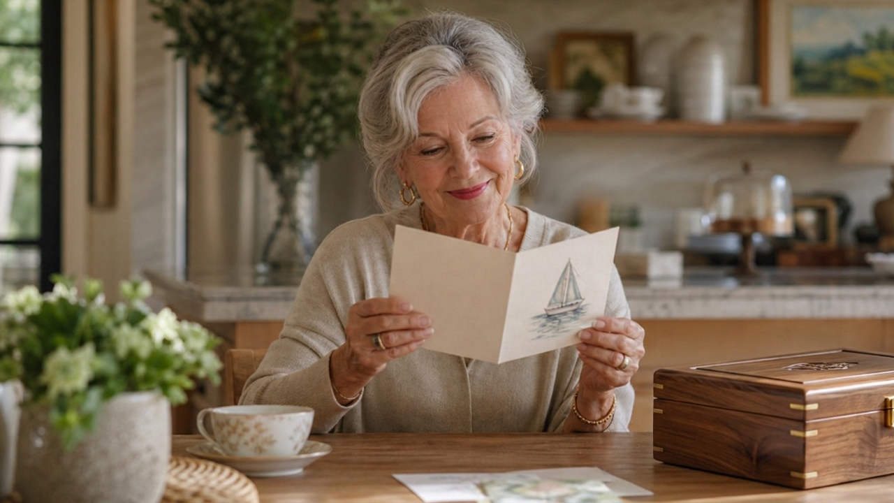 A woman with silver hair smiles gently while reading a handwritten card with a sailboat illustration, seated at a sunlit table with tea and fresh flowers.