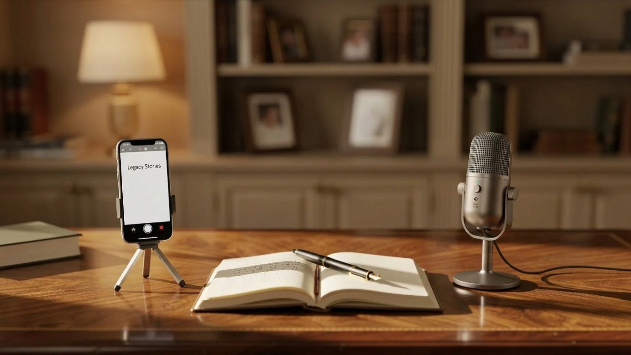 A warm, intimate home office scene featuring a smartphone on a mini tripod displaying "Legacy Stories" on screen, an open journal with a fountain pen, and a desktop microphone, arranged on a wooden desk with a softly lit bookshelf and family photos in the background.