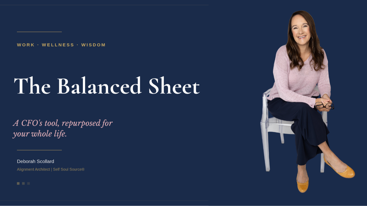 Text-based banner reading "The Balanced Sheet" on a warm neutral background, introducing a whole-life assessment tool adapted from a CFO's balance sheet.
