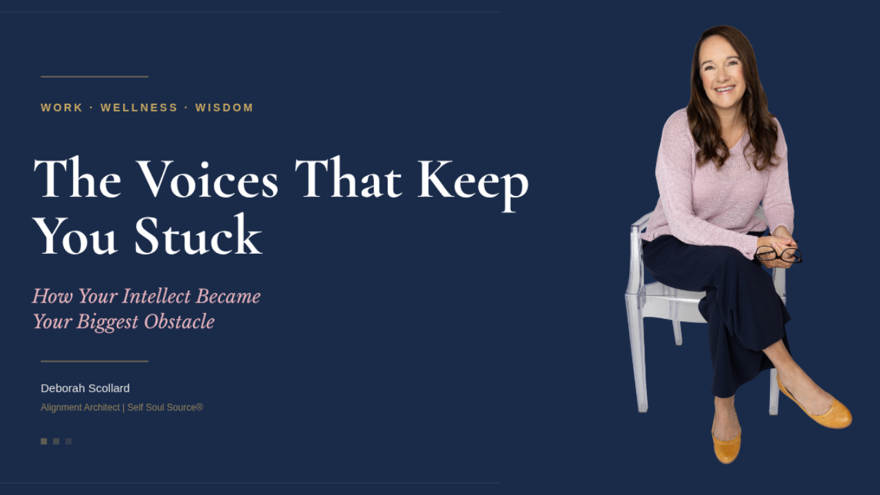 Article banner reading "The Voices That Keep You Stuck" on a warm, minimal background in the brand's navy and gold.