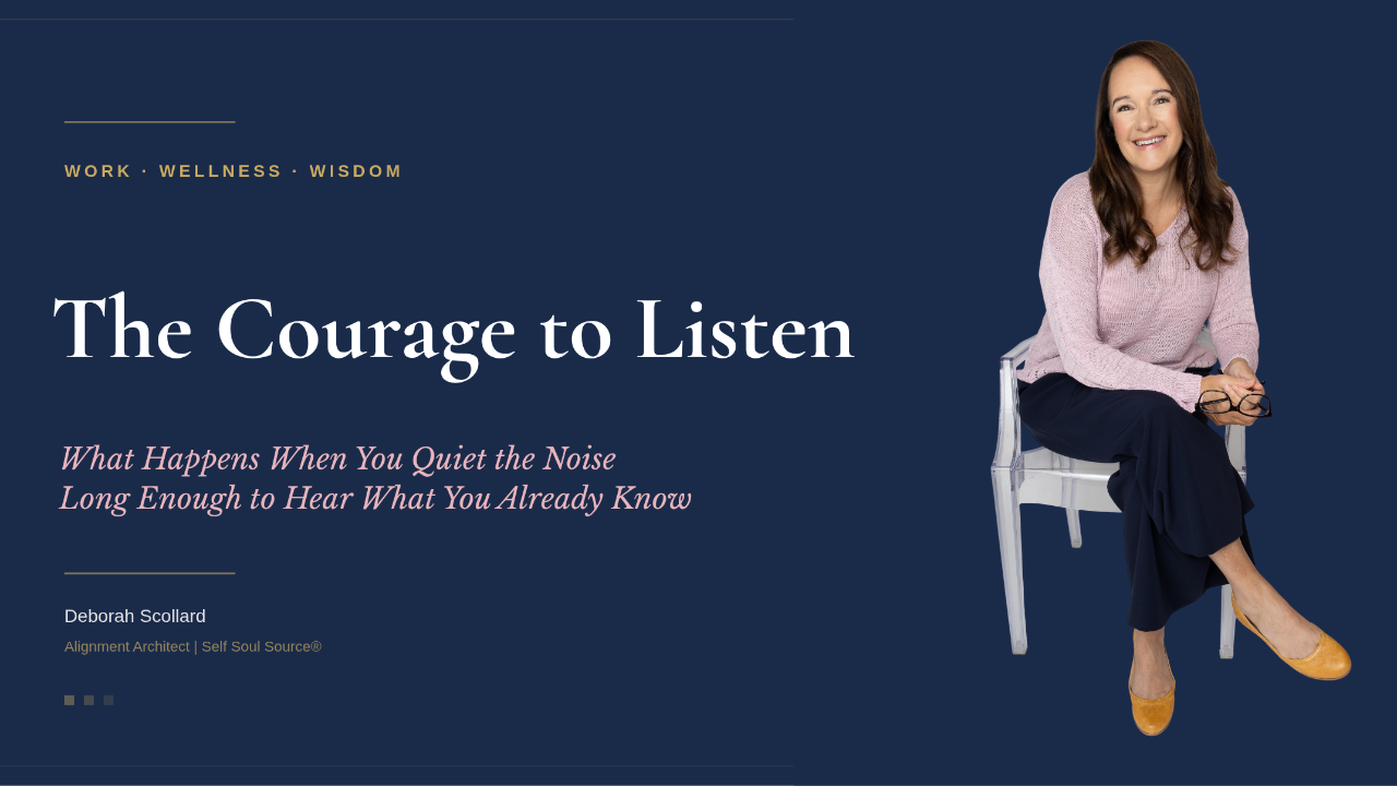 Article banner reading "The Courage to Listen" on a warm, minimal background in the brand's navy and gold.