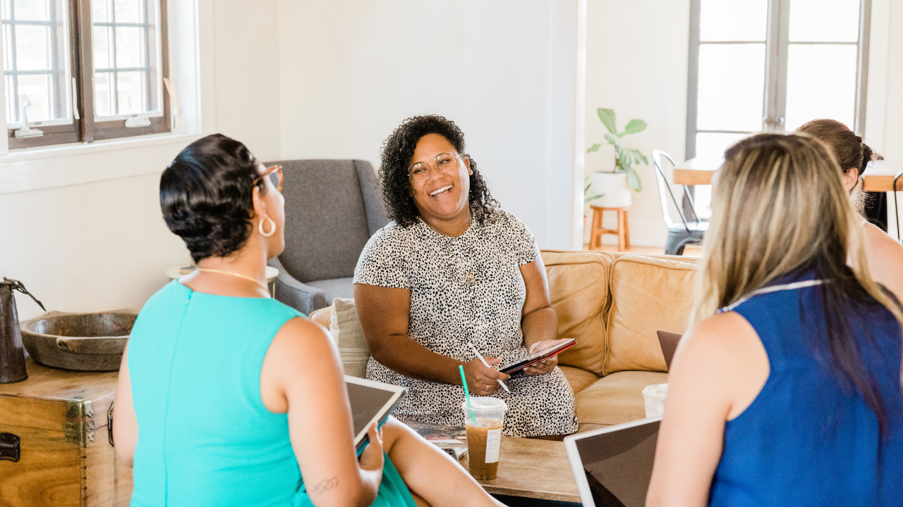 PLACEHOLDER — upload group conversation photo here (women talking together)