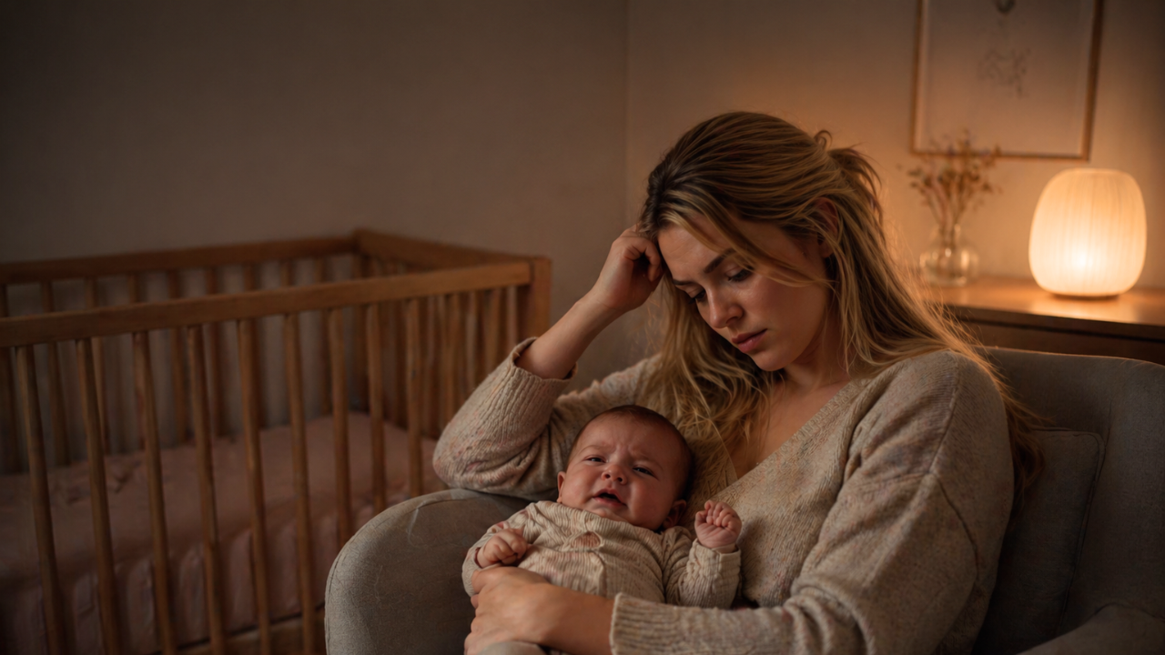 Exhausted blonde mother sitting in dim nursery at night with baby who won't sleep during sleep regression