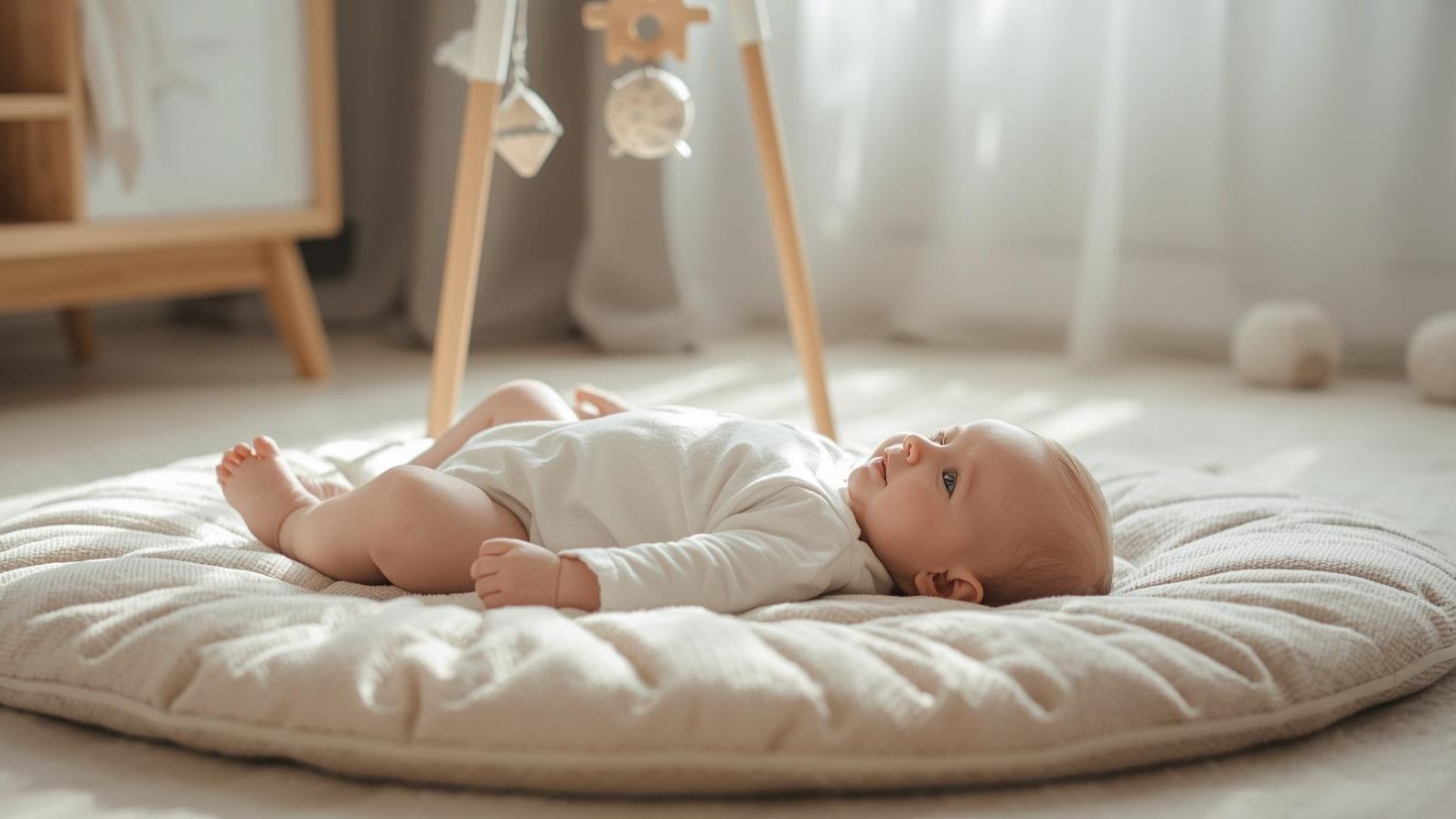 Baby awake and alert after feeding during eat play sleep routine, natural light