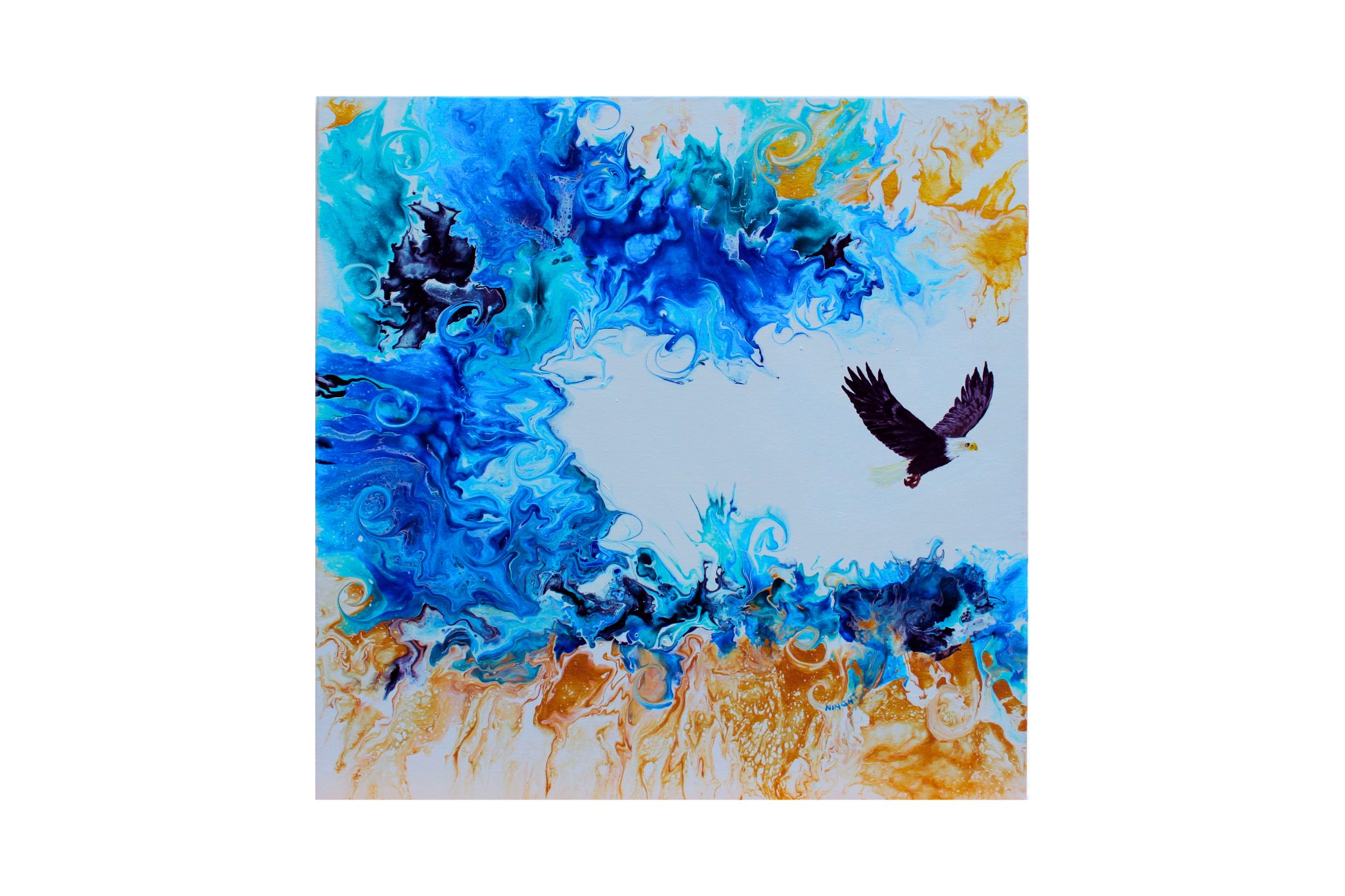 Prophetic art painting of a bald eagle in flight over a swirling blue and gold abstract sky, representing Isaiah 40:31