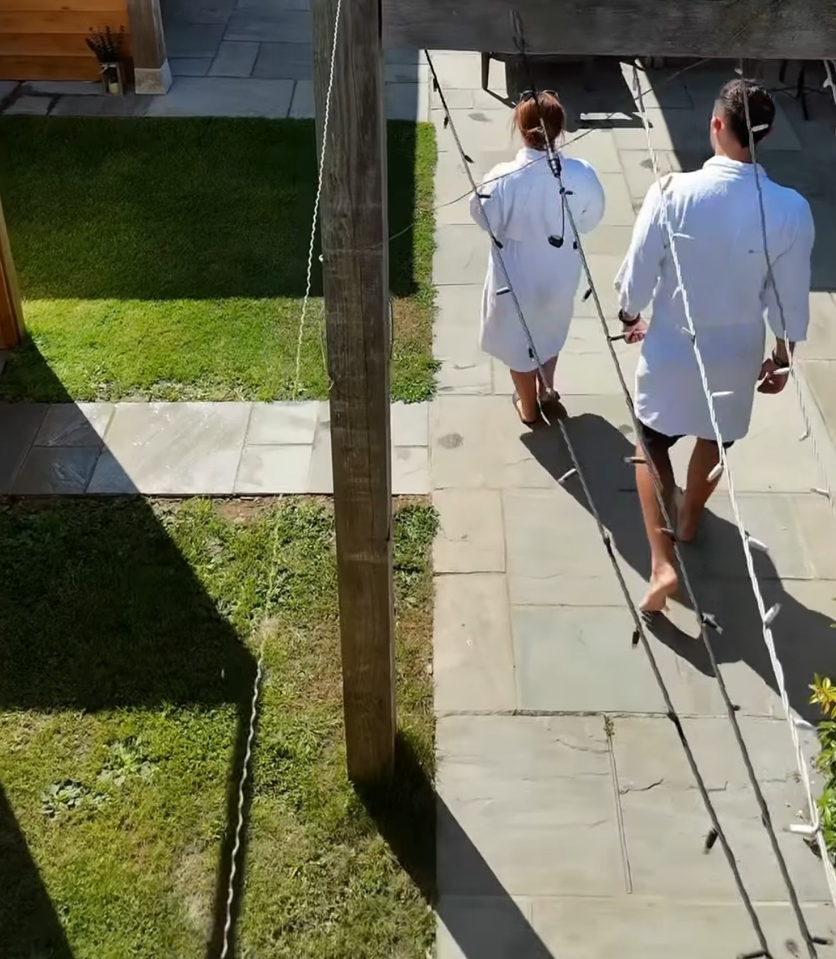 Walking to the spa in robes