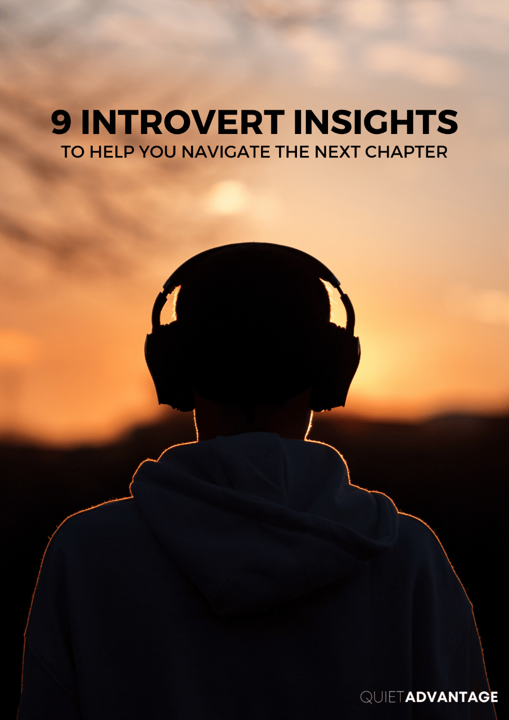 Calm photo of person with headphones taken from behind against an amber sunset