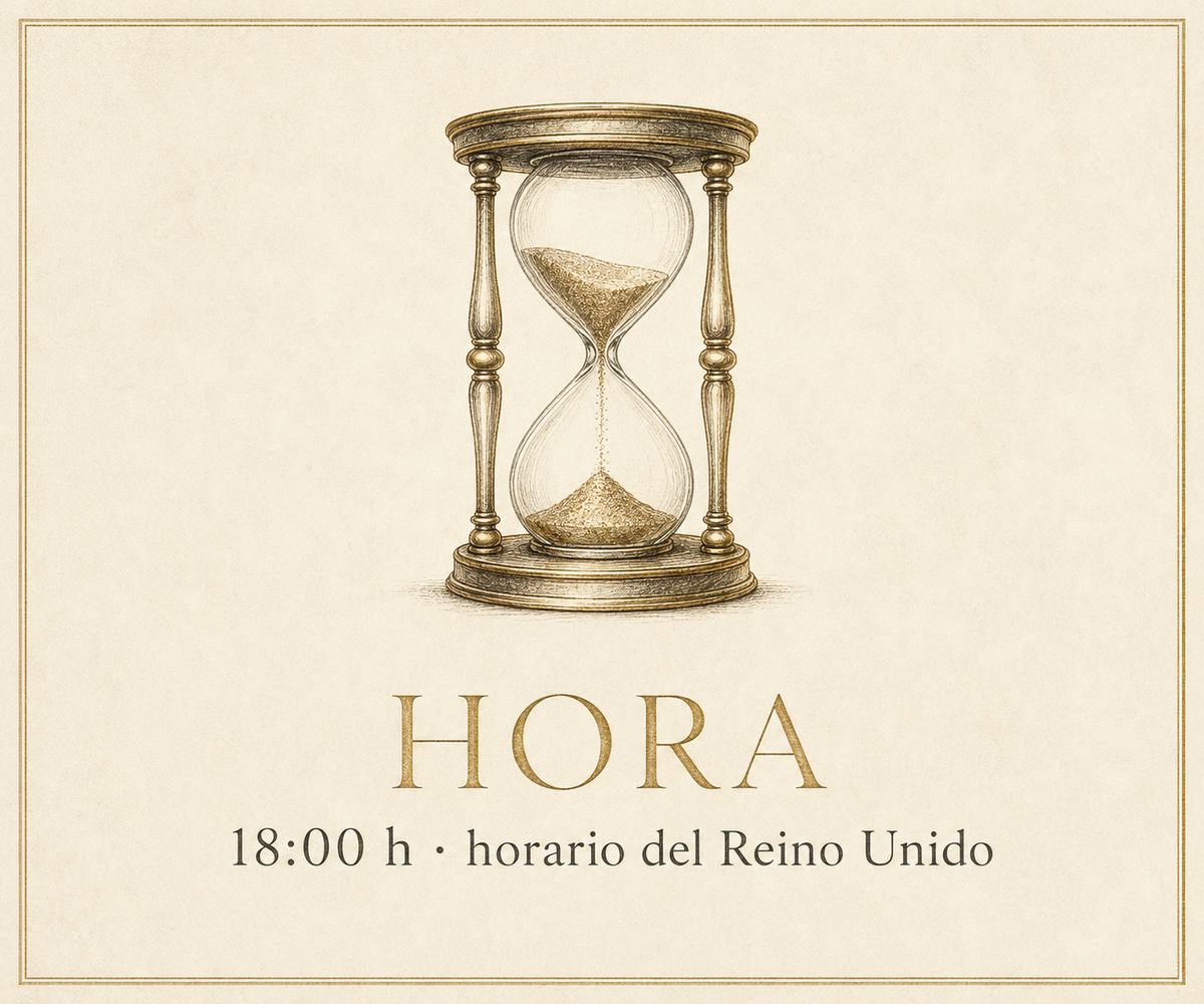 Reloj de arena con la hora 18:00, horario del Reino Unido