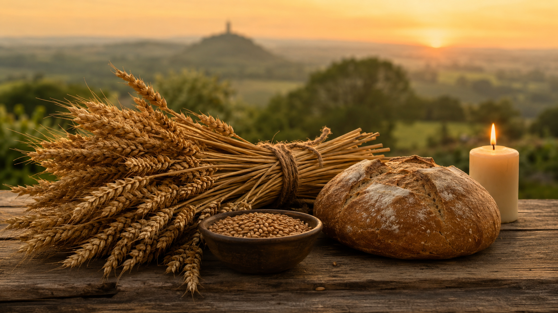 Mesa ceremonial de Lughnasadh con espigas, pan, grano y una vela ante el paisaje de Ávalon