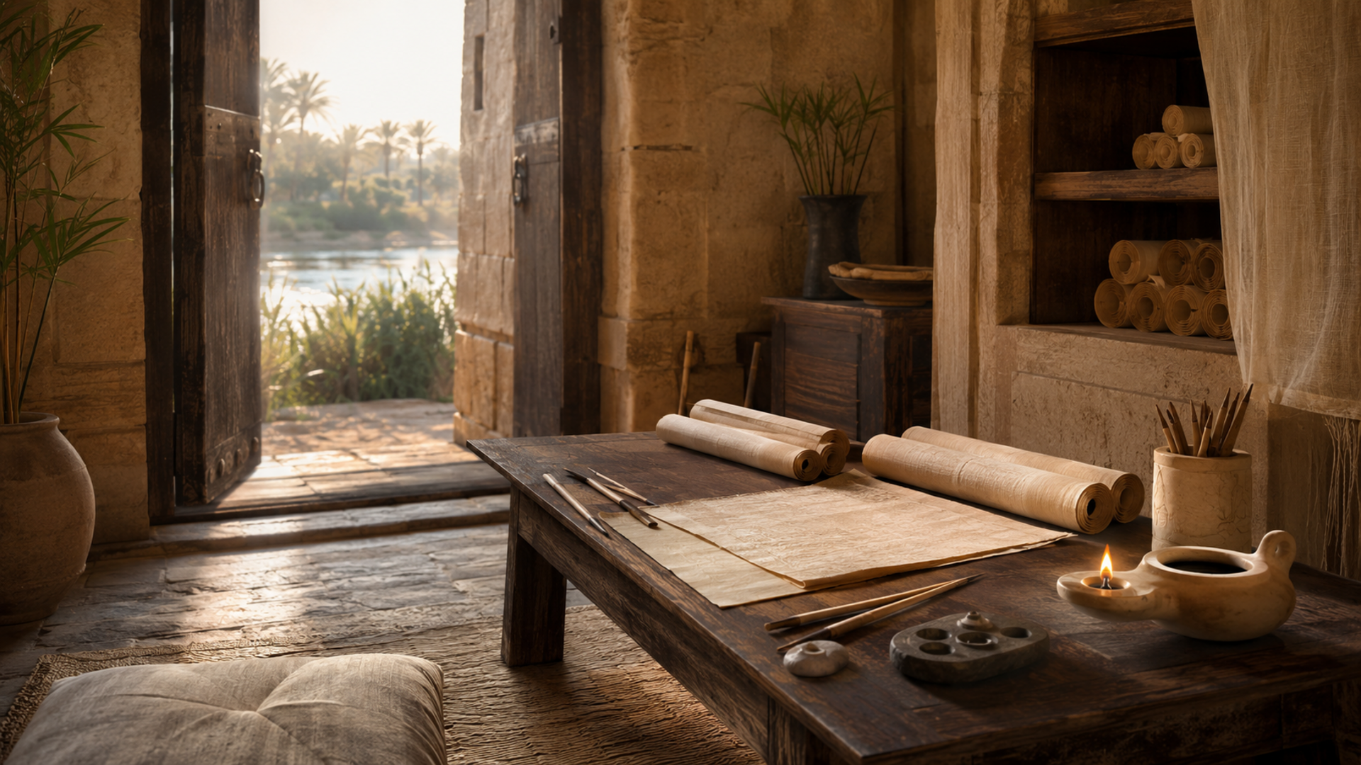 Interior de Per Anj, la Casa de la Vida, con papiros y una puerta abierta hacia el Nilo