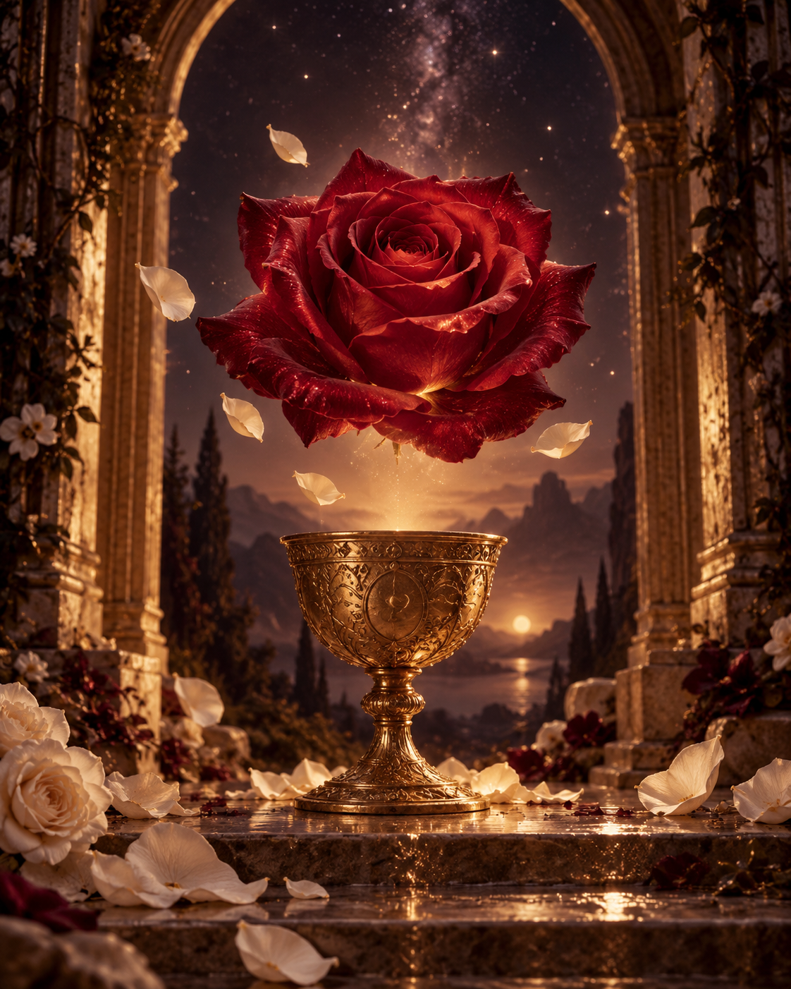 A luminous red rose above a sacred chalice