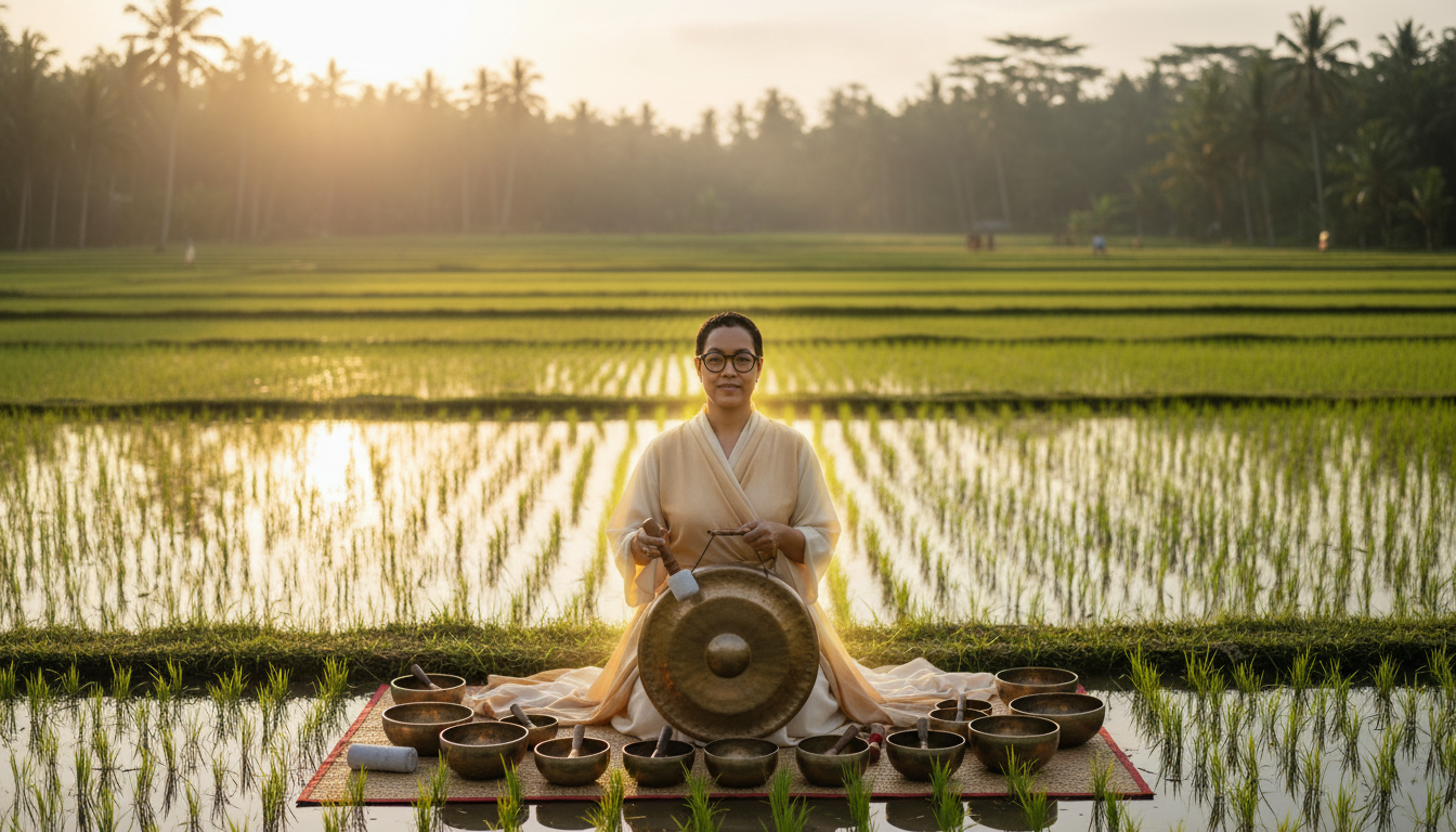 Arti of Lumakasha performing quantum energy healing with singing bowls — Akashic Records healer, Sydney Australia
