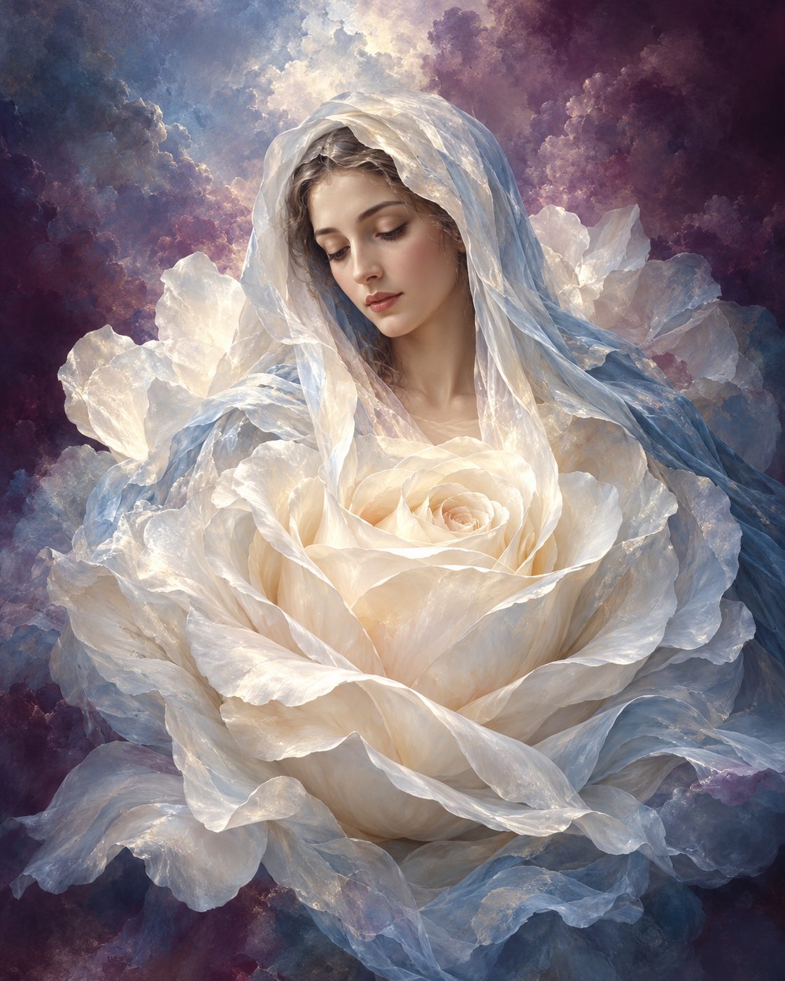 White rose with a soft devotional overlay of Mother Mary