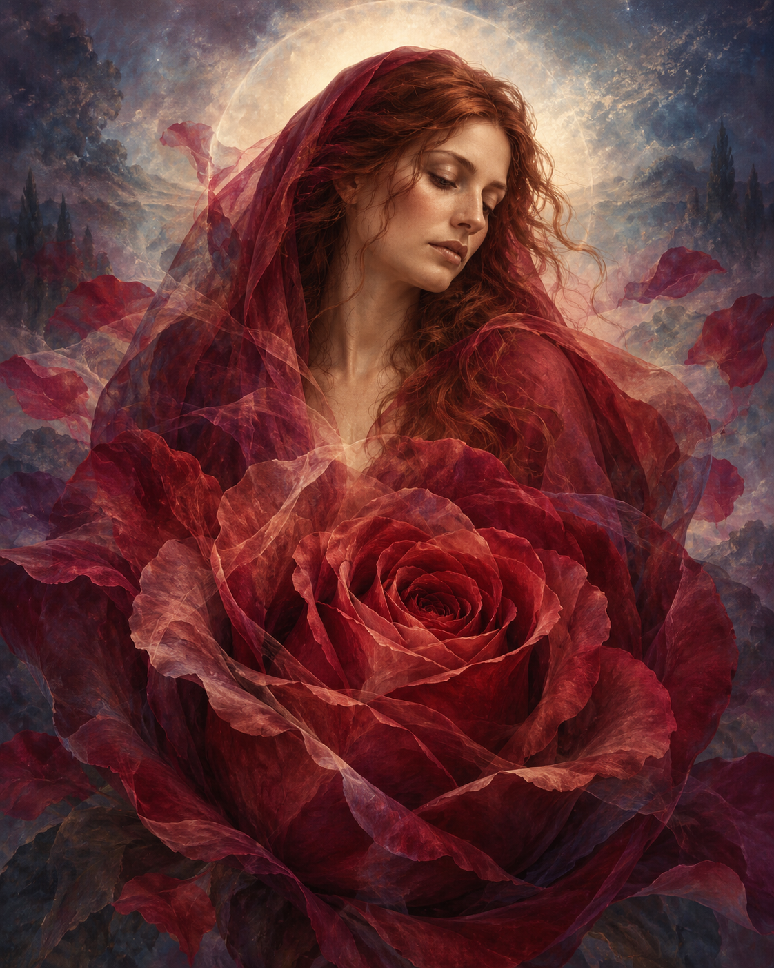 Mary Magdalene softly overlaid among deep red rose petals