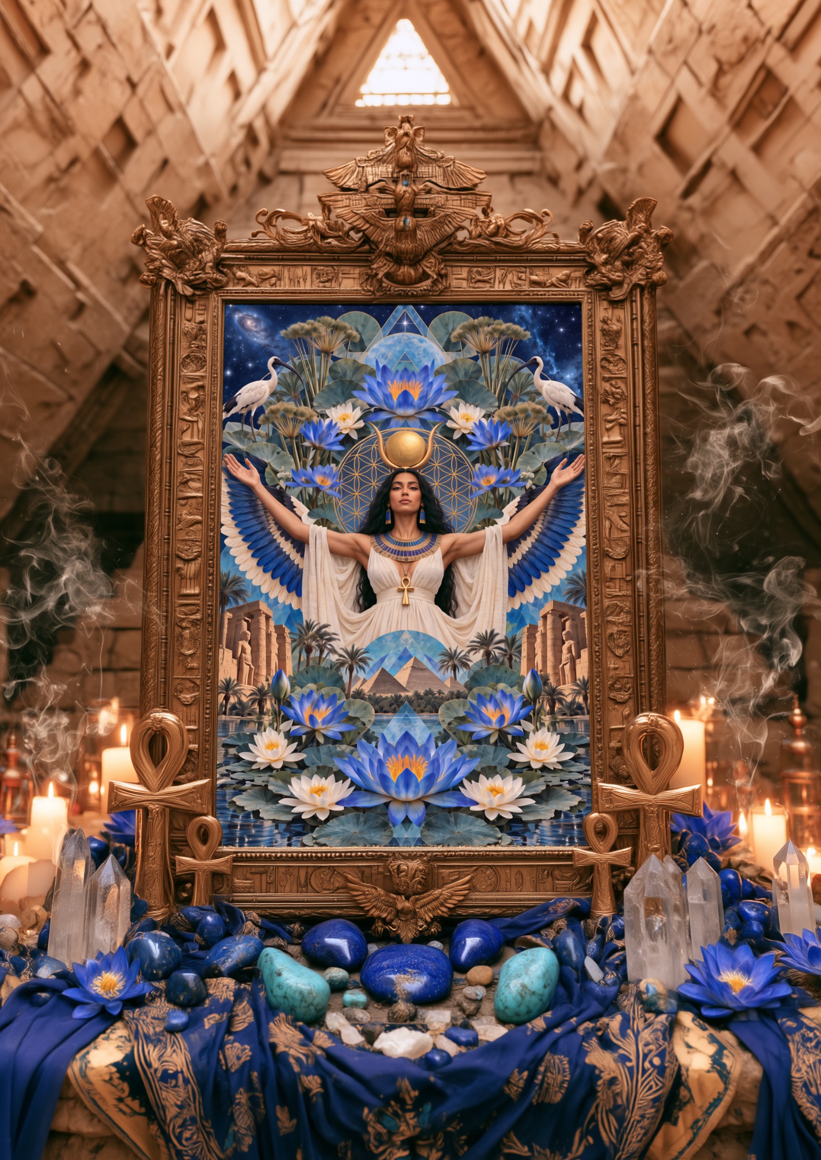 Goddess Aset altar print on a candlelit altar