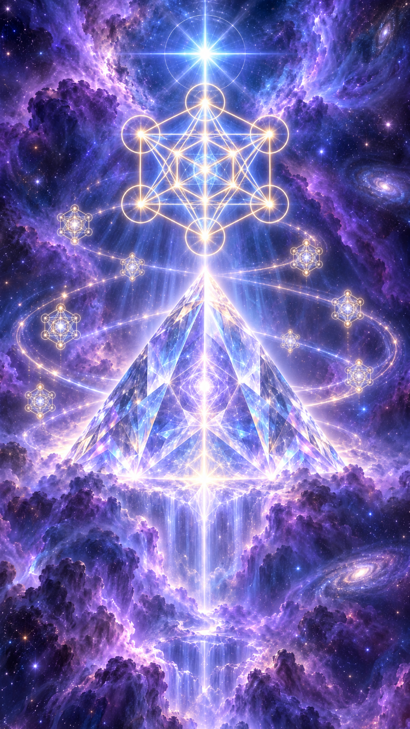 Luminous blue and violet cosmic field with sacred geometry and a crystal pyramid