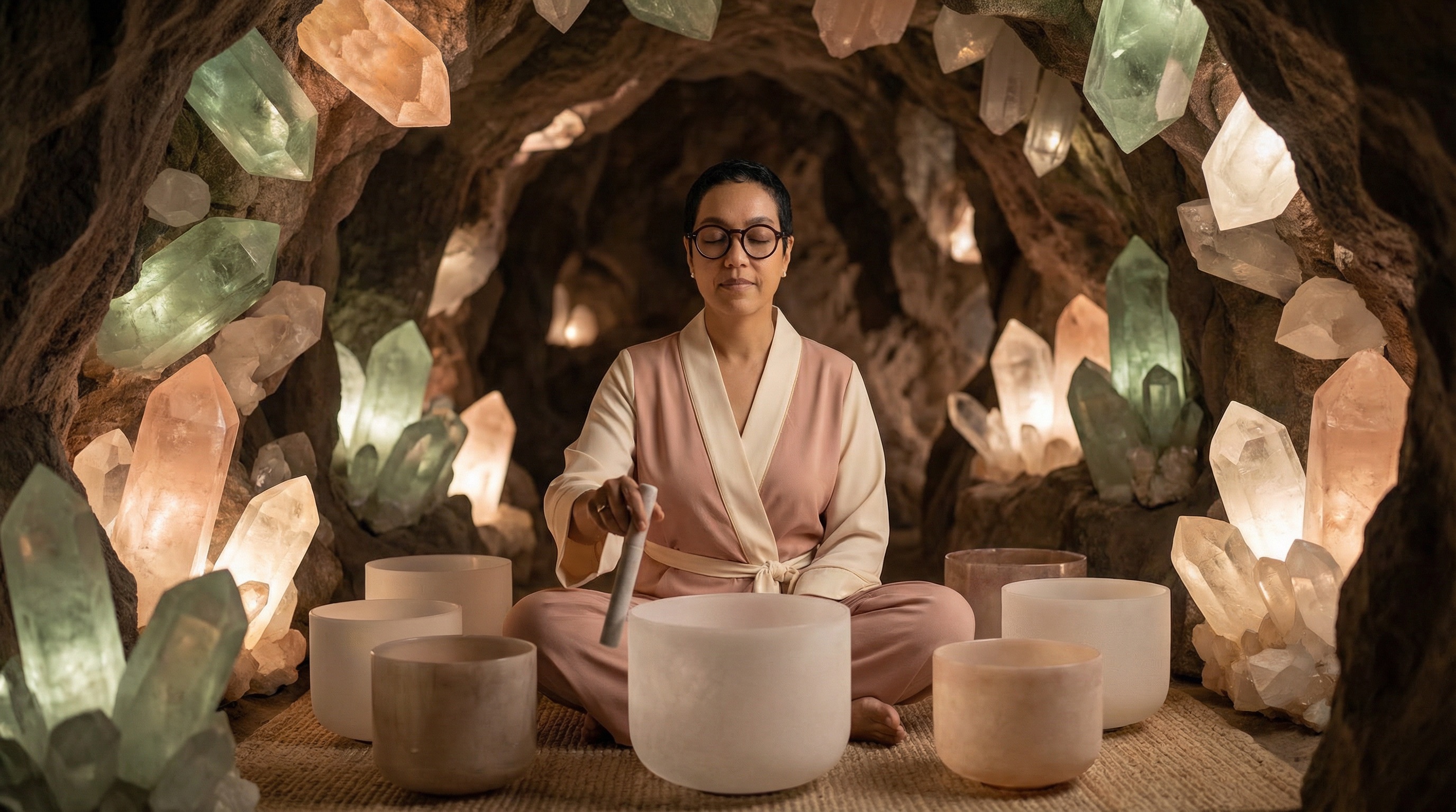 Arti playing crystal singing bowls in a crystal cave