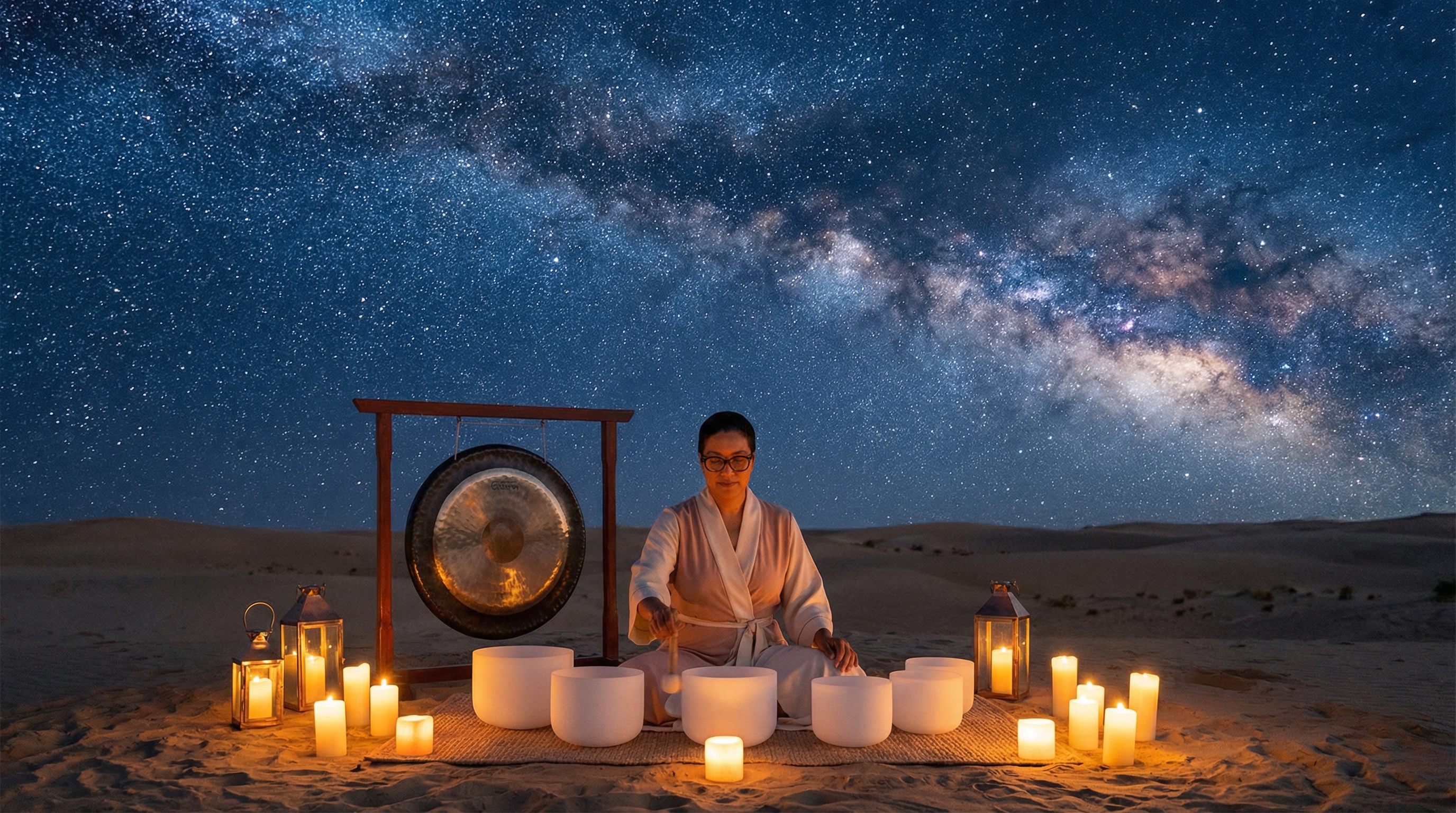 Arti with singing bowls and a gong beneath a starry sky