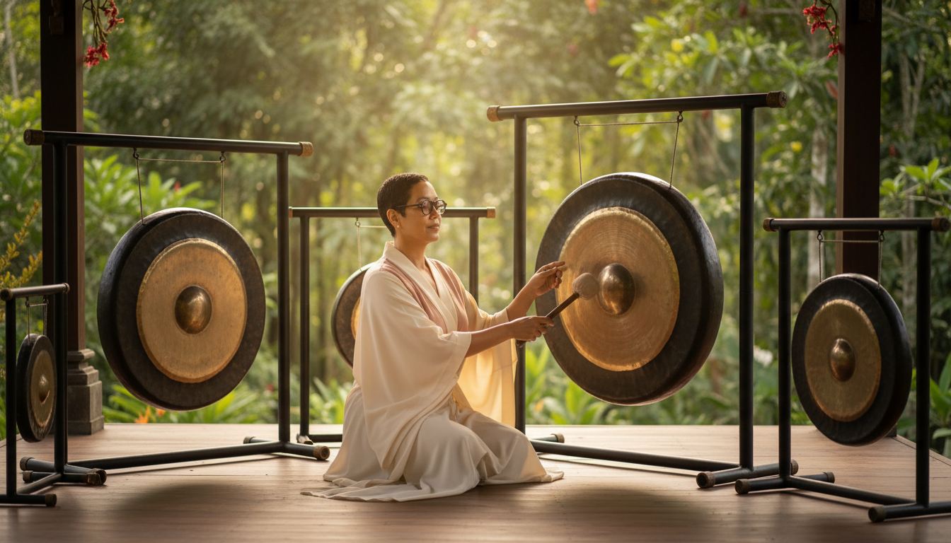 Arti of Lumakasha with large gongs for energy healing and Akashic Records sessions, Sydney Australia