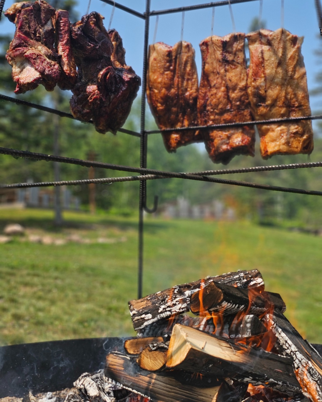 Cuts of meat hanging on a rack above a wood fire