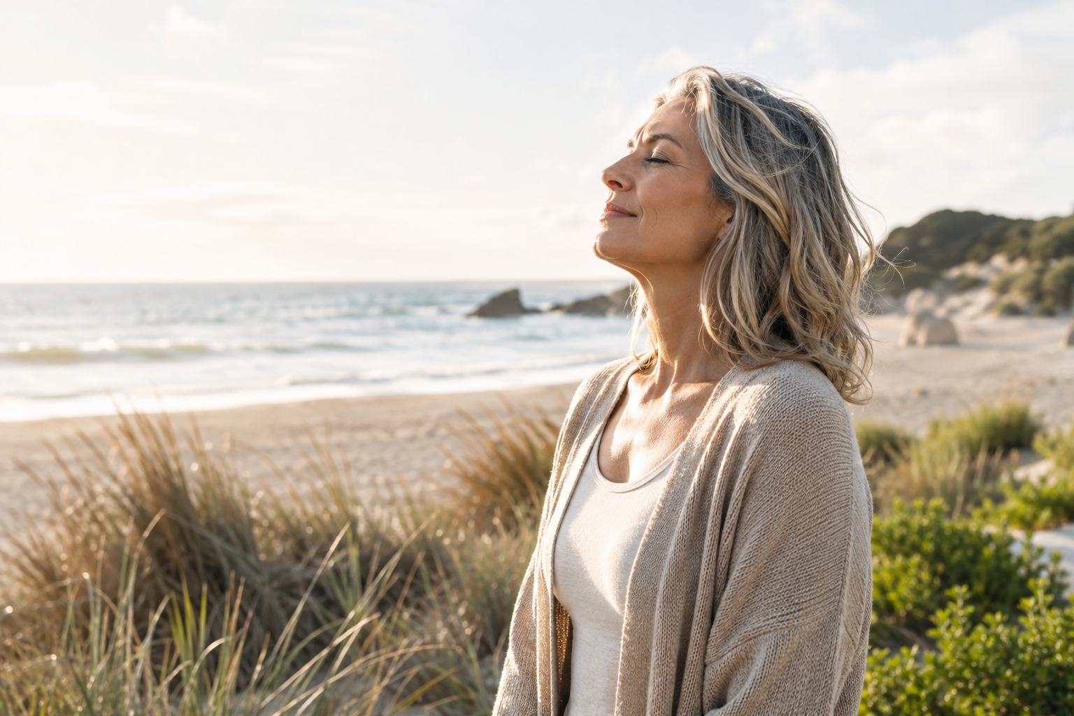 Woman enjoying a peaceful moment by the ocean