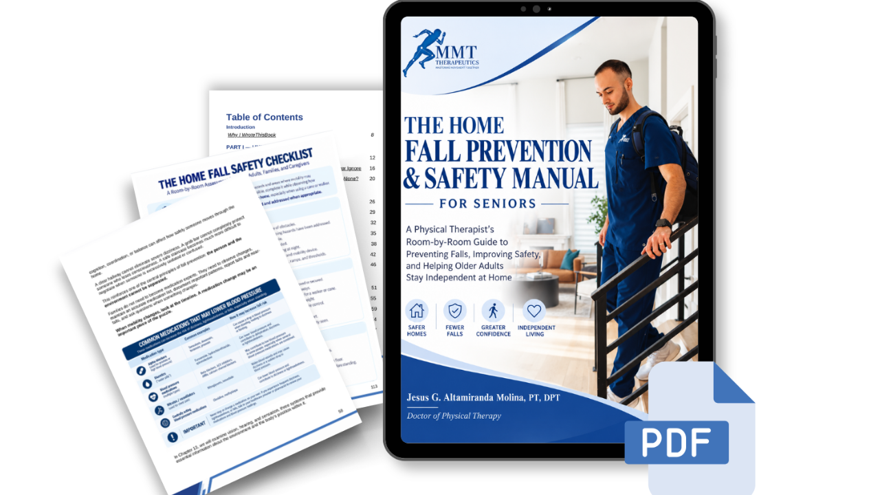 The Home Fall Prevention & Safety Manual for Seniors, shown on a tablet and as a printed book