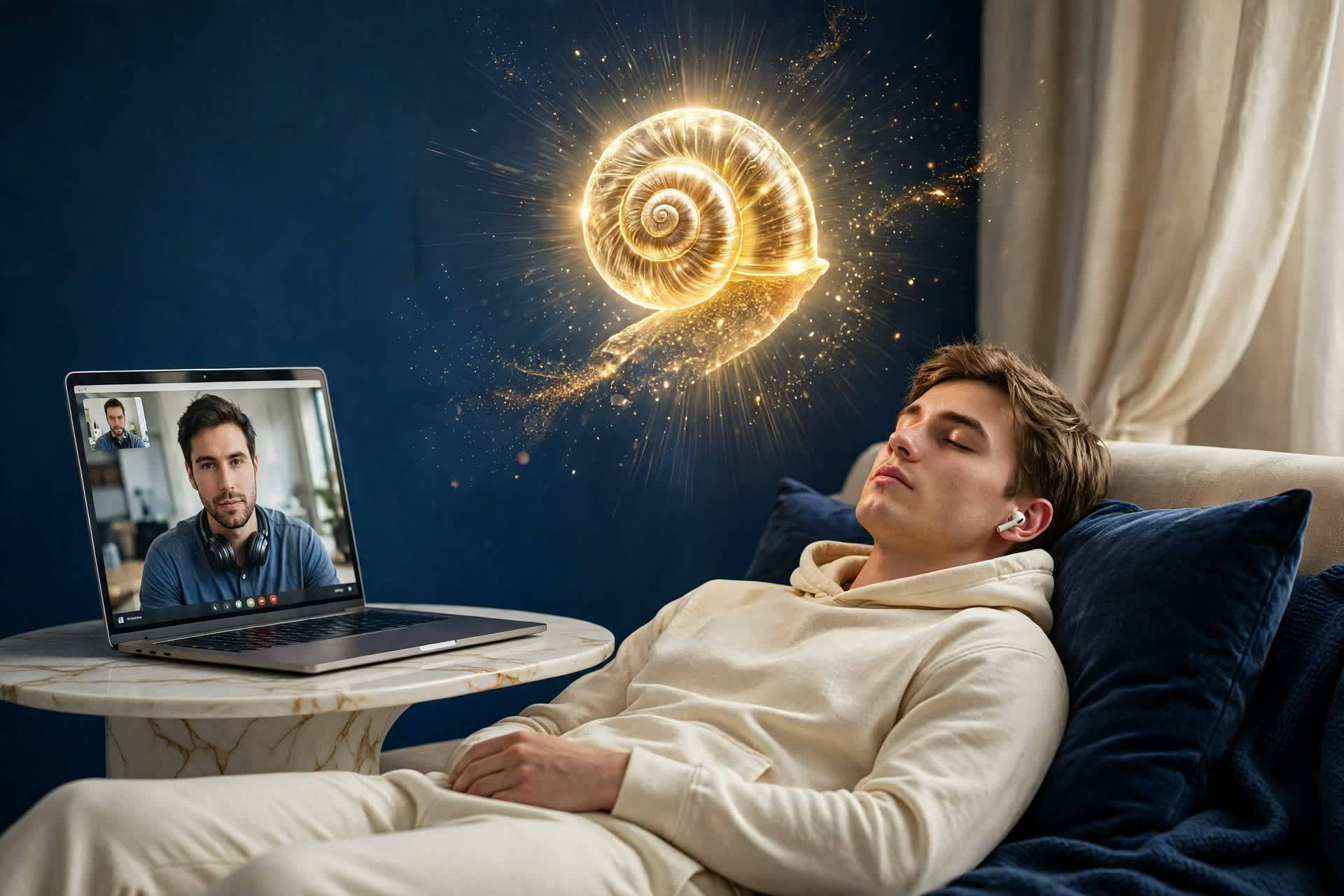 Online session scene with a glowing golden snail