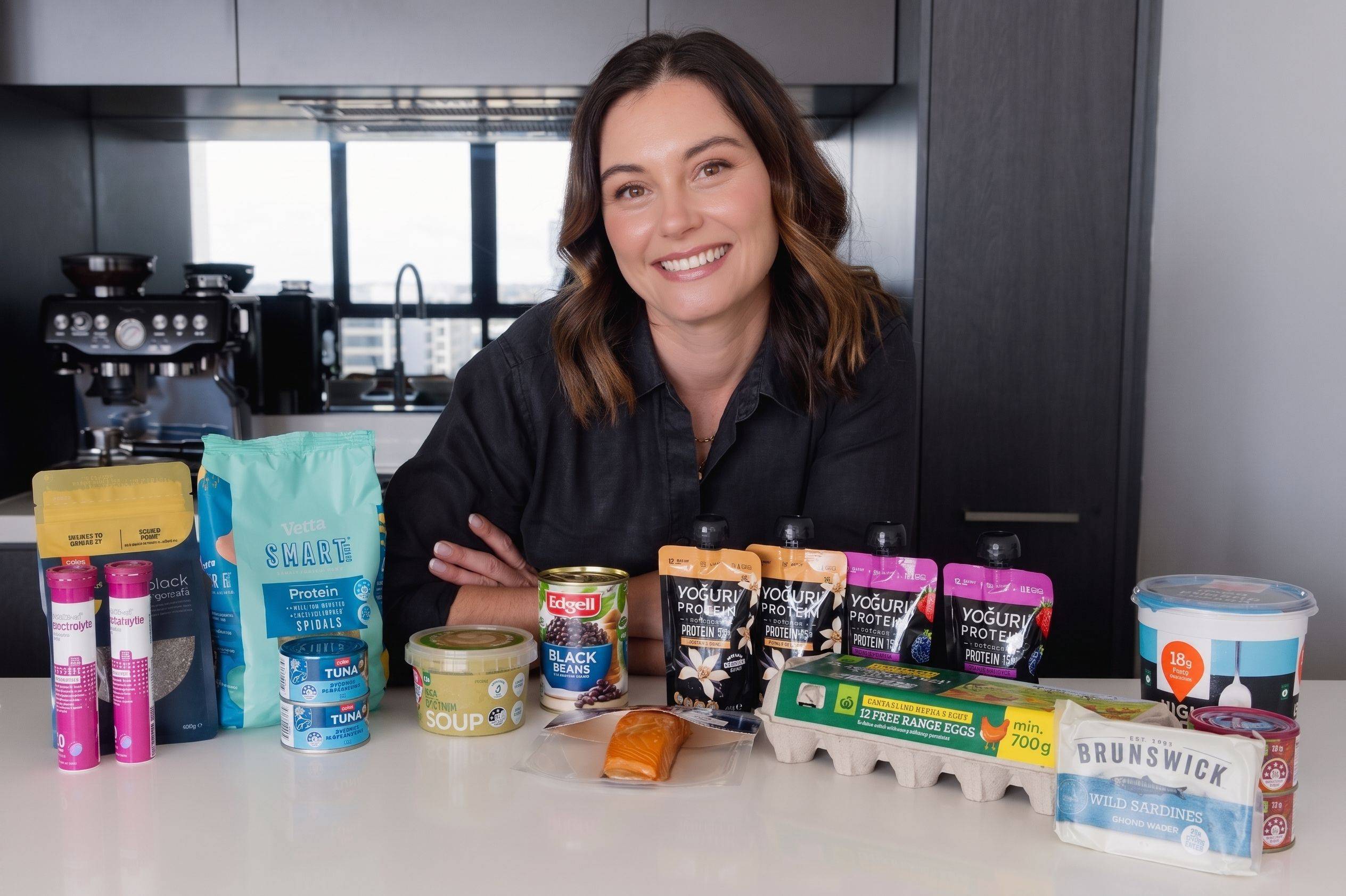 Kitchen counter with real Australian grocery and protein products