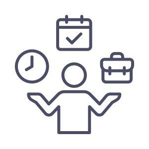 a graphic showing person balancing a clock, a calendar and a briefcase