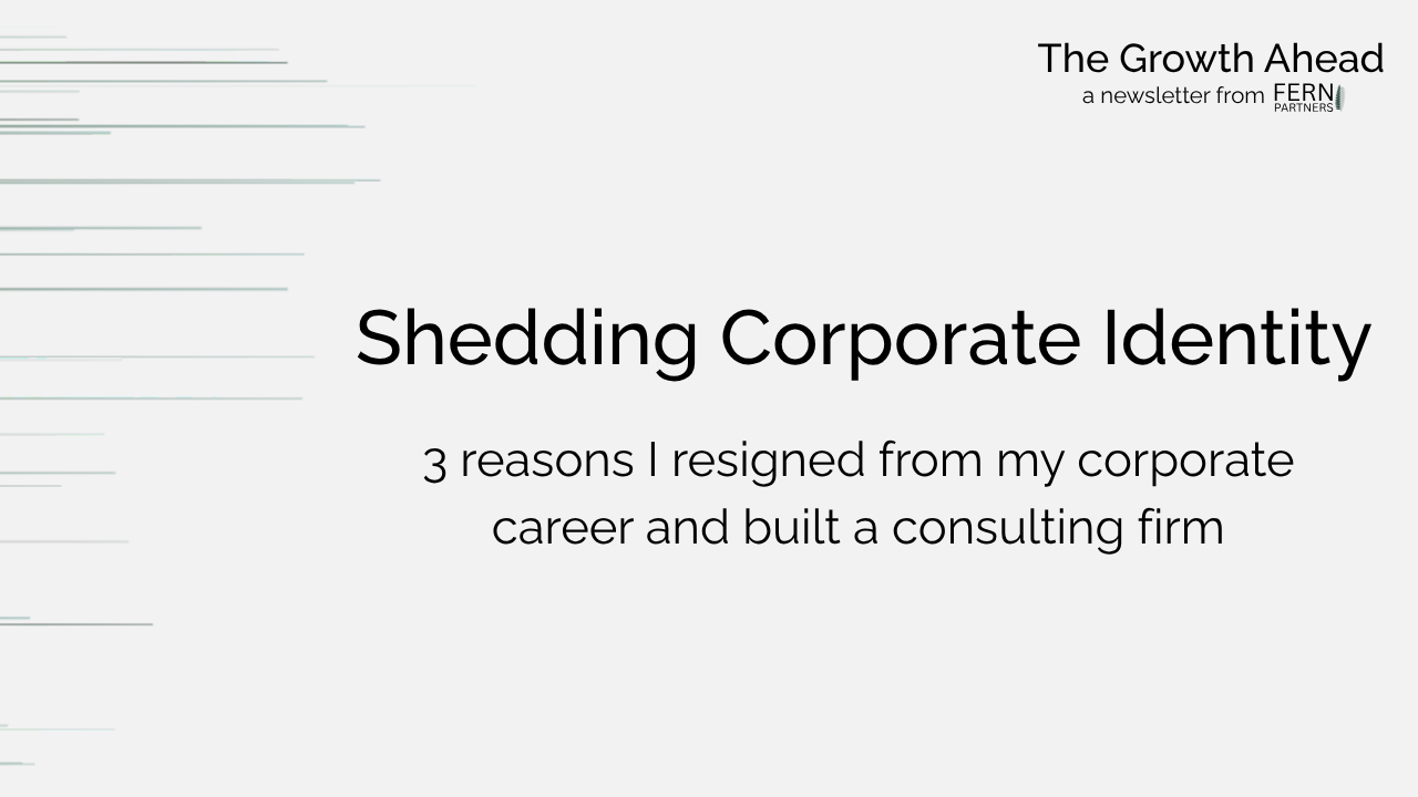 Faint green lines on a light grey background with overlay text reading "Shedding Corporate Identity: 3 reasons I resigned from my corporate career and built a consulting firm"