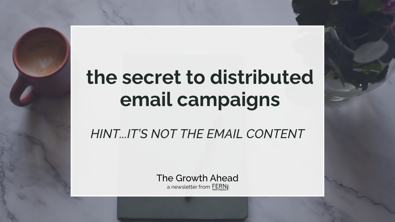 Background image shows marble desktop with aerial view of coffer, notebook, and flowers. Overlay text reads "the secret to distributed email campaigns. hint...it's not the email content" and a logo that reads The Growth Ahead A Newsletter from Fern Partners.