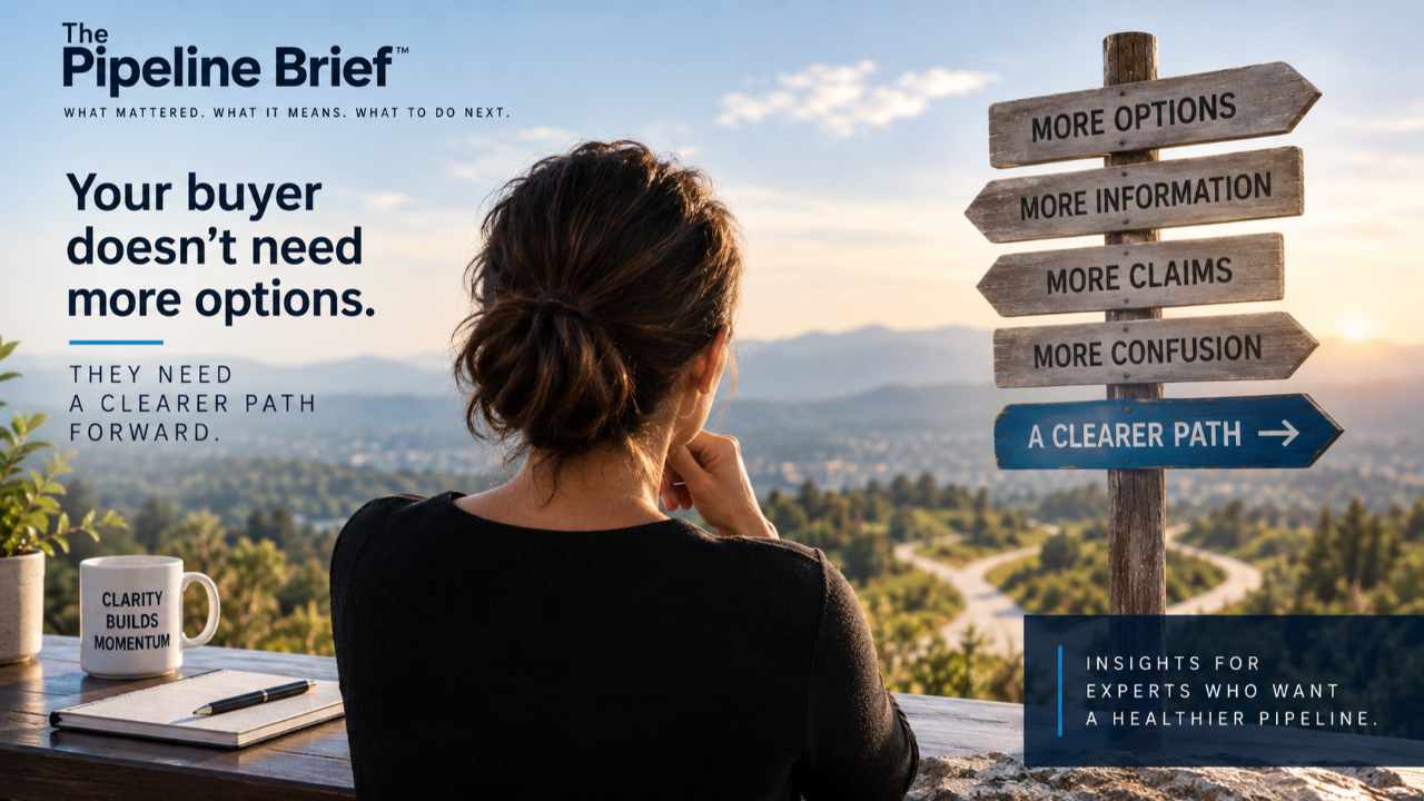 Business owner facing multiple paths and signposts for more options, information, claims, and confusion, with one highlighted path labeled as the clearer way forward.