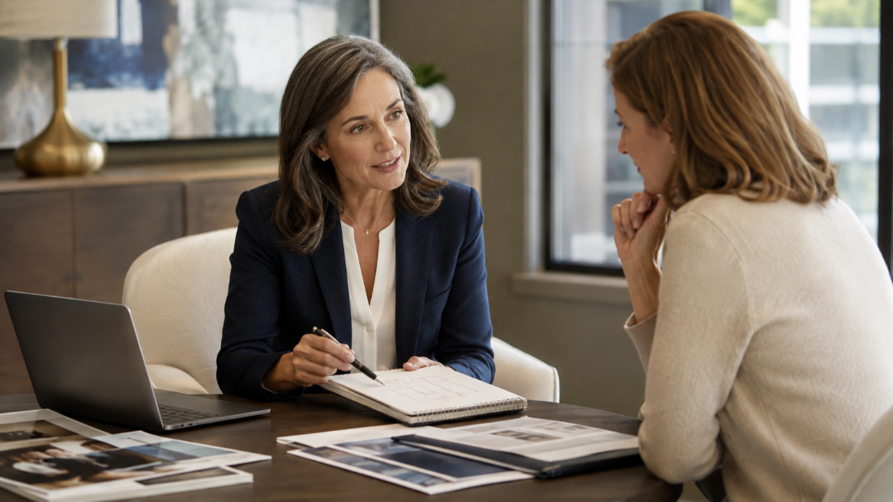 Experienced female solopreneur sharing ideas with a prospective client while polished corporate marketing materials sit nearby, illustrating how buyers often trust the expert before the brand.