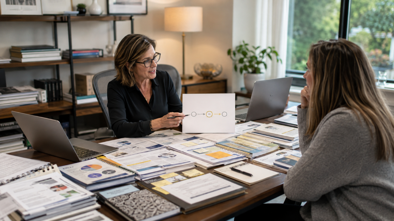Consultant providing many useful business resources while a prospective client tries to determine what matters most.