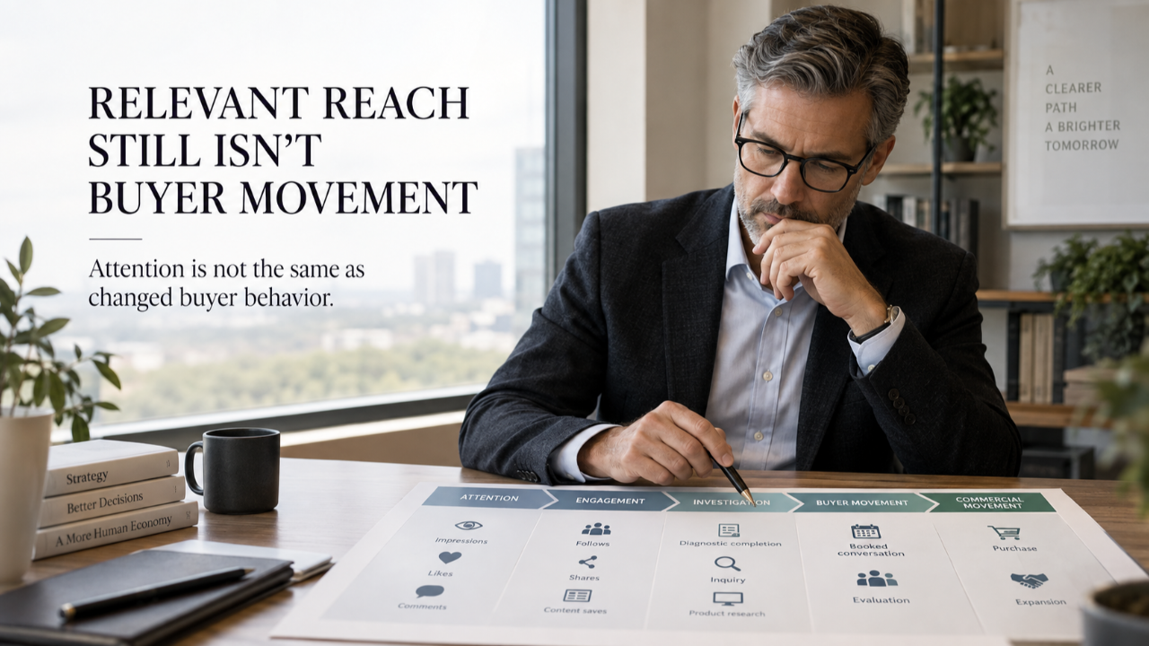 Relevant Reach Still Isn't Buyer Movement graphic showing the progression from attention and engagement to investigation, buyer movement, and commercial movement.