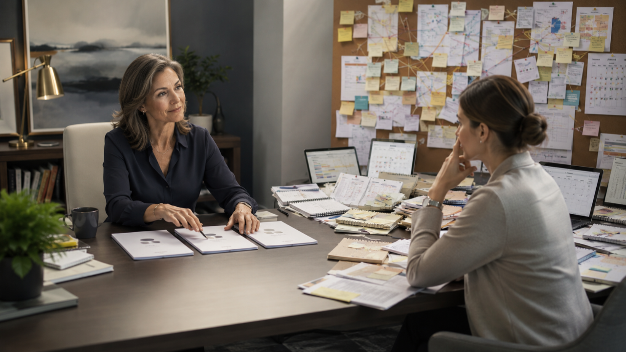 Prospective client reviewing a proposal while a consultant simplifies an overwhelming set of possible next steps.