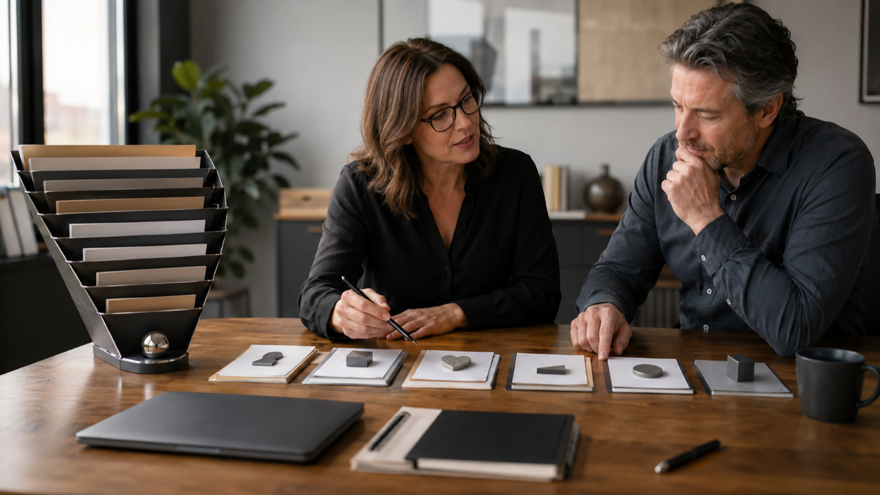 Consultant helping a prospective client navigate individual buying decisions while a traditional sales funnel sits unused nearby.