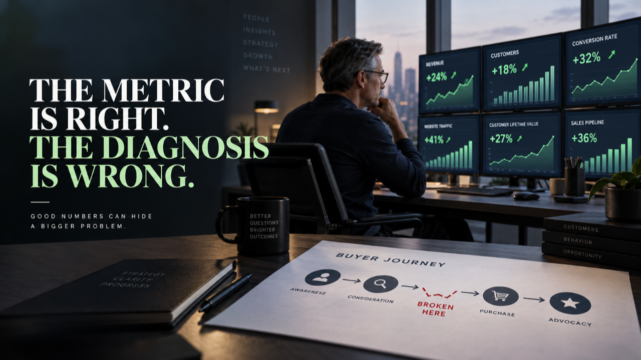 Consultant reviewing positive marketing dashboards while a broken buyer journey reveals a hidden pipeline handoff problem.