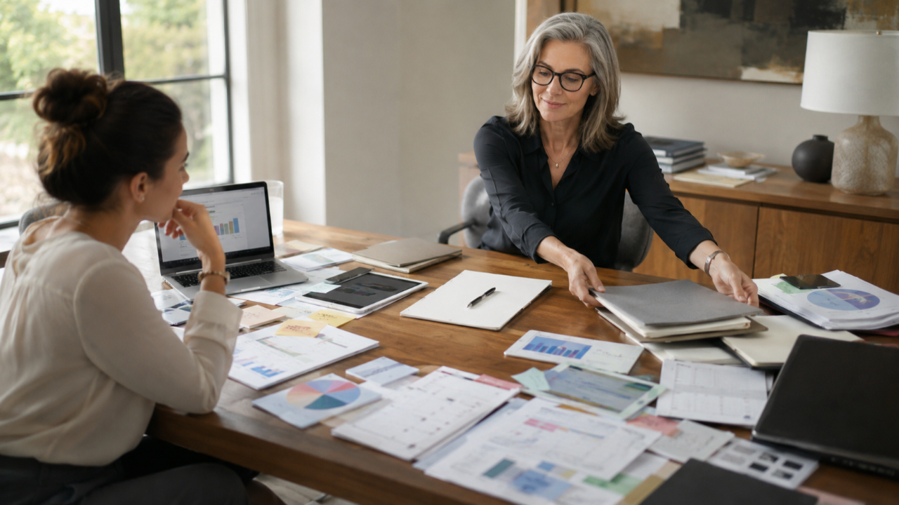 Consultant simplifying many business options into one clear recommendation for a prospective client.