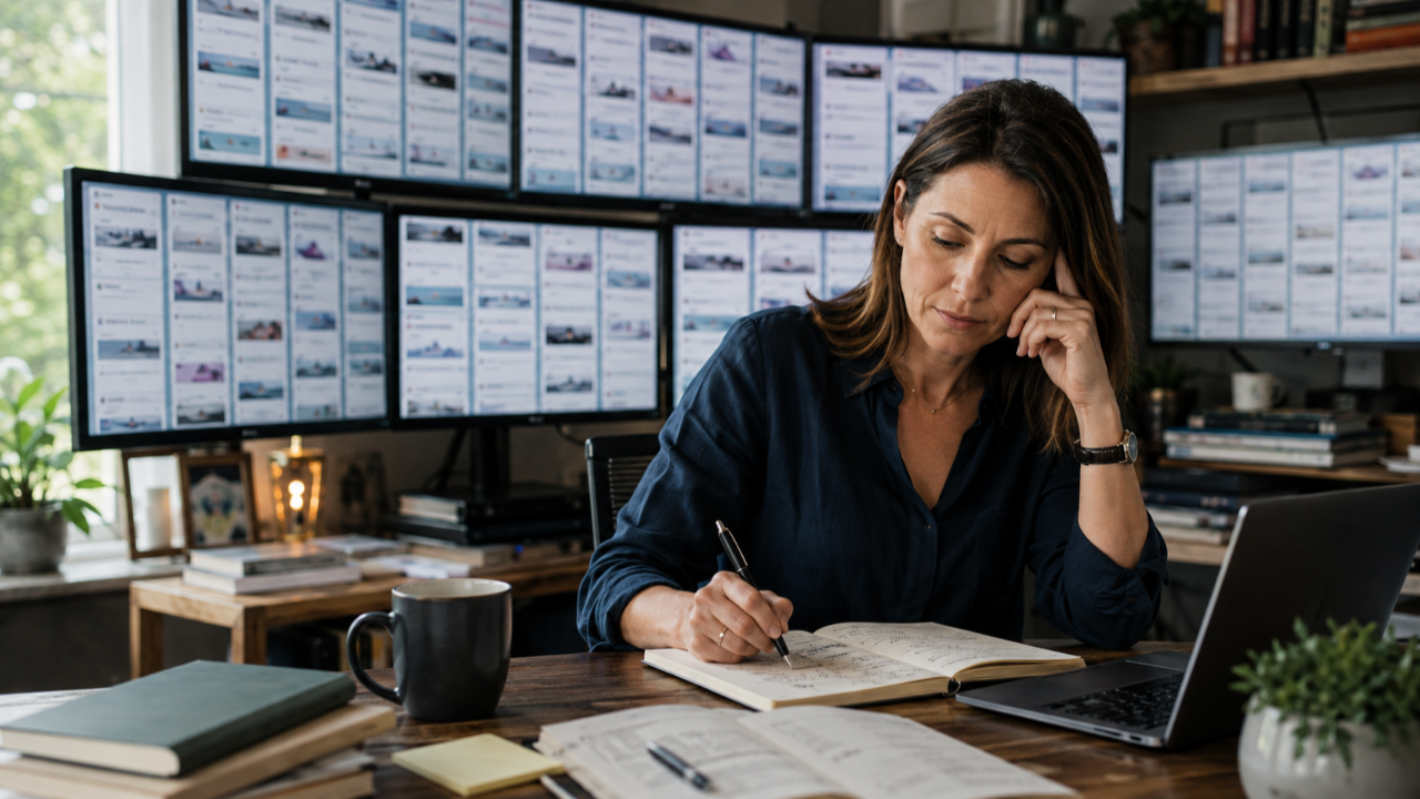 Consultant reviewing client notes while surrounded by an abundance of AI-generated business content.