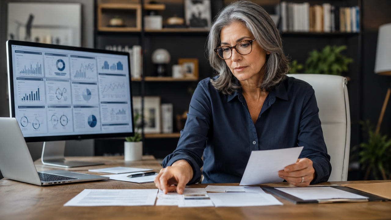 Experienced female solopreneur reviewing strategy options at her desk while AI-generated ideas appear on a screen beside handwritten notes and client decision materials.