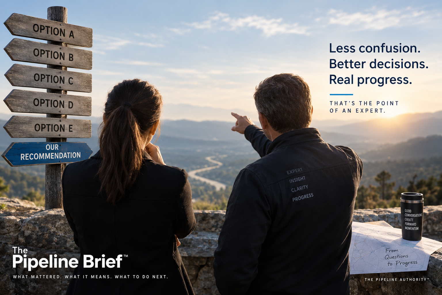 Experienced advisor helping a business owner choose a clear path forward among several options, representing expert guidance, better decisions, and pipeline progress in The Pipeline Brief Weekly